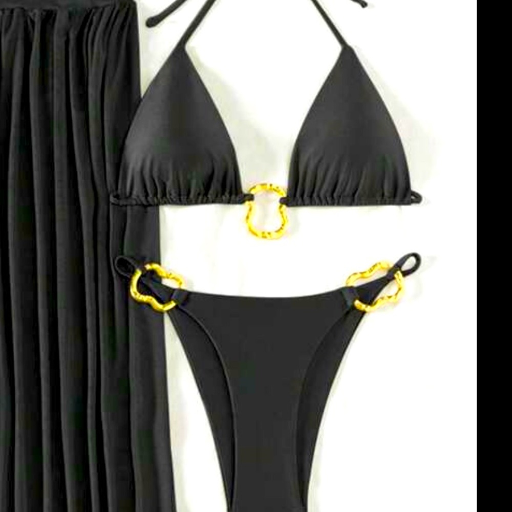 New Black & Gold Triangle Padded Top & High Waist Cheeky Bottoms Bikini Set S